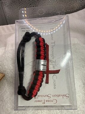 Men's Red and Black Braided Cord Bracelet with Silver tone Cross Sleeve